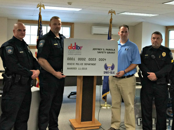 Image Caption – Receiving the Spirit of Blue Safety Equipment Grant for the Veazie Police Department were (left to right) Officer Brian Nichols, Chief Mark Leonard and Sergeant Dain Bryant. The award was presented by Ryan T. Smith, Executive Director of Spirit of Blue.